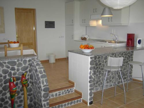 a kitchen with a counter with three birds on it at Casa Oscar - Apartment in El Roque