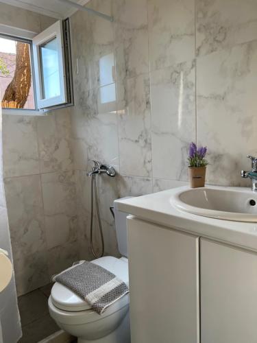 a white bathroom with a toilet and a sink at Vasiliki Little House in Kanoni