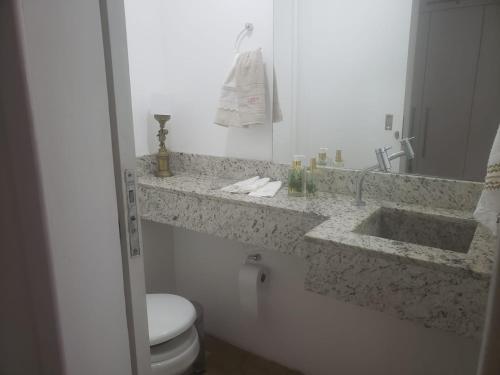 uma casa de banho com um lavatório, um WC e um espelho. em Secret Spot Floripa em Florianópolis