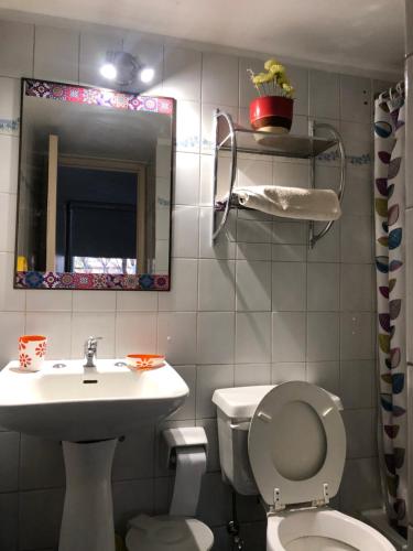 a bathroom with a sink and a toilet and a mirror at Habitación con baño privado in Santiago