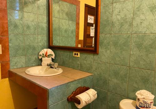 a bathroom with a sink and a mirror and a toilet at Crystal Paradise Resort in San Ignacio