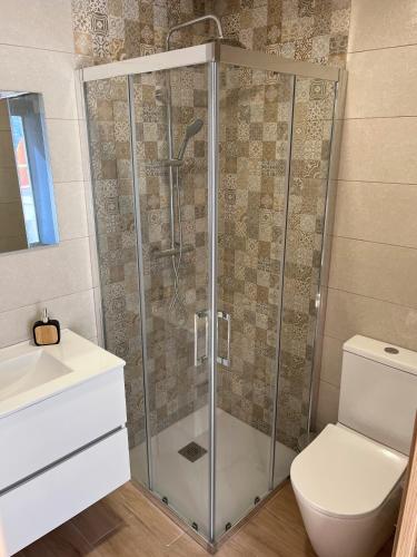 a bathroom with a shower with a toilet and a sink at O Refuxio do Náufrago in Camelle