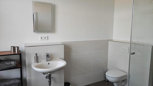 een witte badkamer met een wastafel en een toilet bij Pension HoPeLa in Gotha