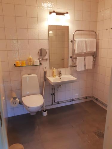 a bathroom with a toilet and a sink at Närebo Gårdshotell & Restaurang in Lidköping