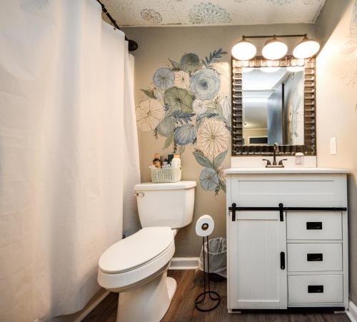 a bathroom with a toilet and a sink and a mirror at Eclectic Abode in Cleveland