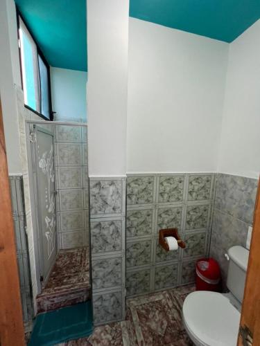 a bathroom with a shower and a toilet at Hostal Brisas Del Mar in Puerto Villamil