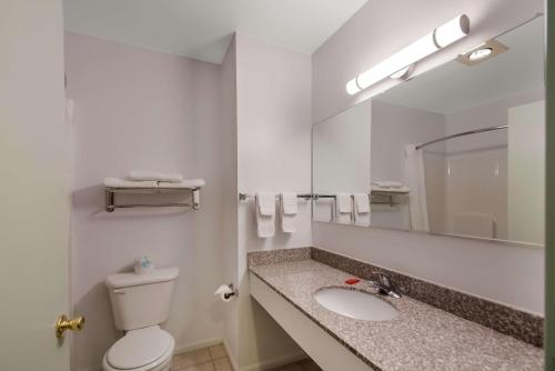 a bathroom with a toilet and a sink and a mirror at SureStay Plus Hotel by Best Western Berkeley Springs in Berkeley Springs