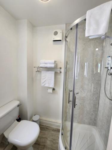 a white bathroom with a shower and a toilet at New room with free minibar&tea&coffee in Dublin