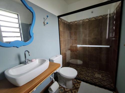 a bathroom with a sink and a toilet and a shower at Casa Ortmann in Canela