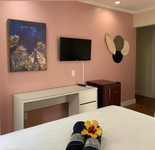 um quarto com uma cama, uma secretária e uma televisão em Pousada Balneário Camboriú em Balneário Camboriú