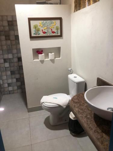 a bathroom with a toilet and a sink at Vilarejo Macapá Chalés in Luis Correia
