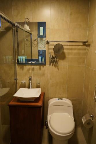 a bathroom with a toilet and a sink at Hotel Colonial - Casa Francisco in Quito