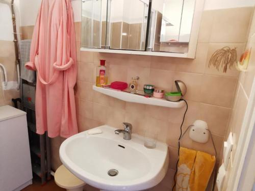 baño con lavabo y toalla rosa en Appartement Argelès-sur-Mer, 1 pièce, 3 personnes - FR-1-732-2, en Argelès-sur-Mer