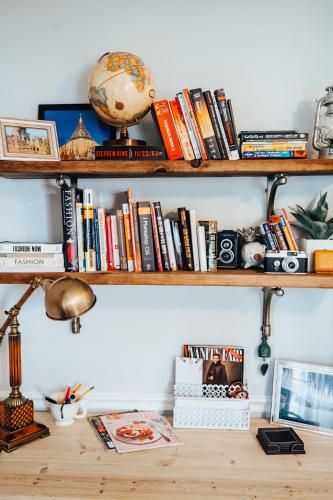 a shelf with books and a globe on a desk at East Stevens Home in Culpeper