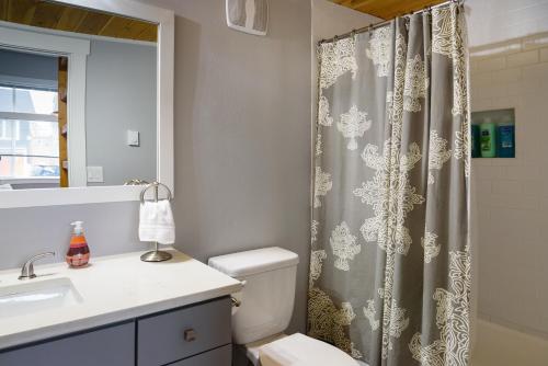 a bathroom with a shower curtain and a toilet at Tiny House by KABINO Mini Modern TINY HOME Heart of Green Lake Pet Friendly WiFi Loft up Ladder plus Sleeper Sofa in Seattle