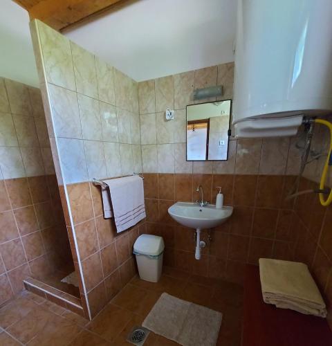 a bathroom with a sink and a toilet at Szenkeparti Vendégház in Penyige