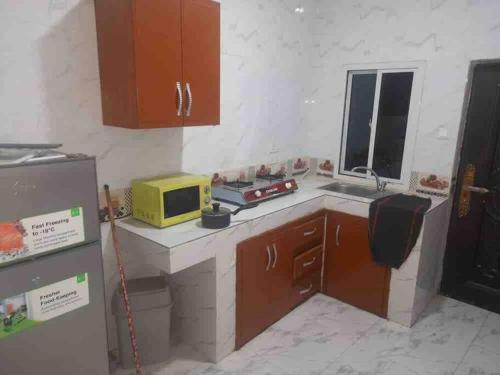 eine Küche mit einer Mikrowelle auf der Theke mit einer Spüle in der Unterkunft Comfy & cozy 2 bedroom apartment, entire unit! in Banjul