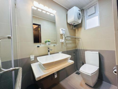 a bathroom with a sink and a toilet and a mirror at The Edge Luxury Apartment in Nuwara Eliya