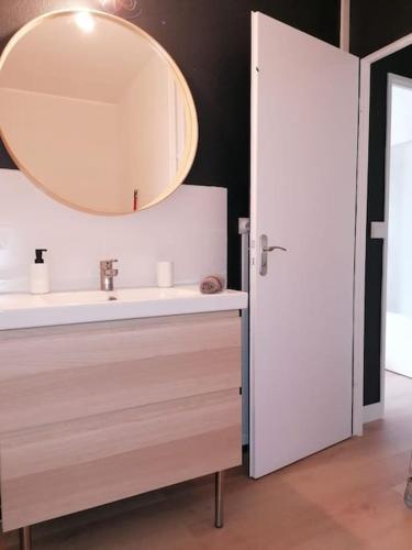 a bathroom with a sink and a mirror at Logement standing wifi Vercors 'In in Saint-Jean-en-Royans