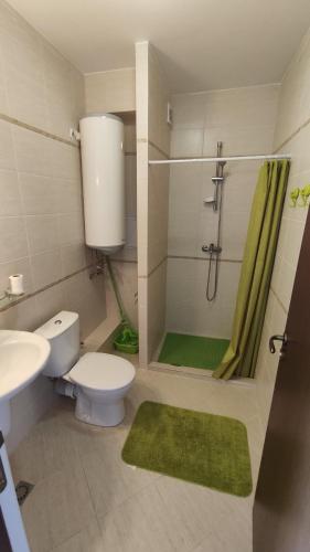 a bathroom with a toilet and a shower and a sink at U-DACHA 45 in Sunny Beach