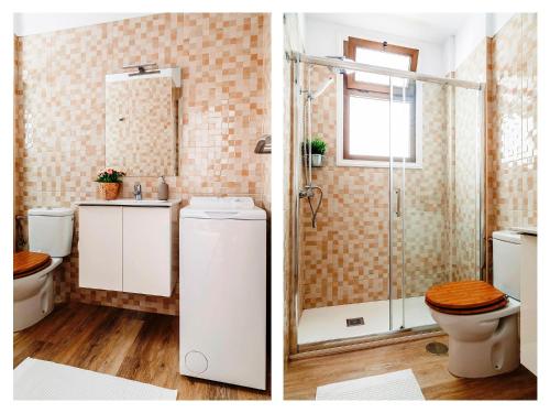 two pictures of a bathroom with a toilet and a shower at BLUE WATERS Apartment with heated pool in Costa Del Silencio