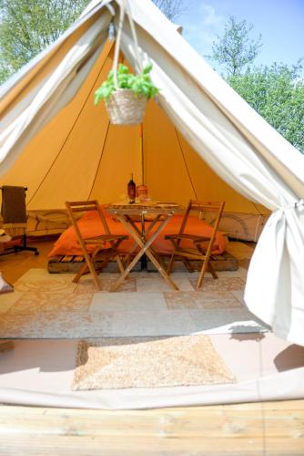 ein Zelt mit einem Tisch, Stühlen und einer Pflanze in der Unterkunft Minicamping de dobbe 