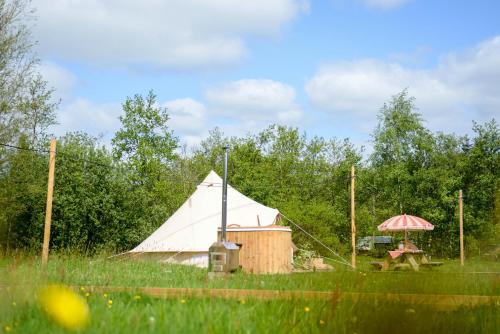 een grote witte tent met een picknicktafel en een vrouw vooraan bij Minicamping de dobbe 