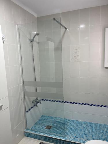 ein Bad mit Dusche und blauem Fliesenboden in der Unterkunft Villa El Arenal in Mojácar