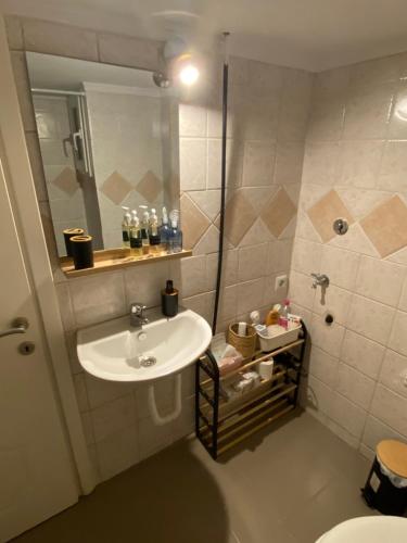 y baño con lavabo y ducha. en Sweet Home Ano Poli en Tesalónica