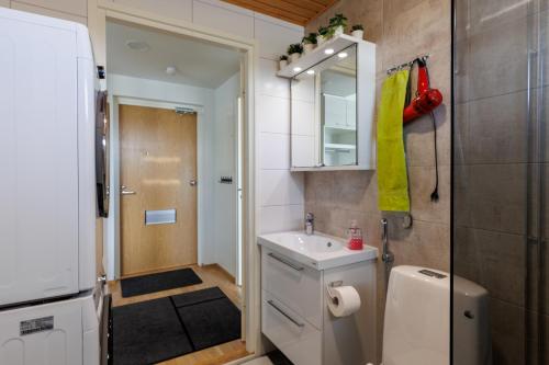 a small bathroom with a sink and a mirror at Close to center and Näsijärvi Lake - free parking, AC, and two double beds in Tampere