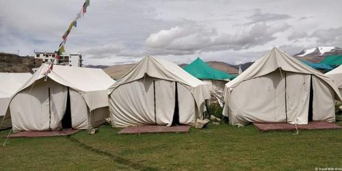 grupa namiotów siedzących w trawie w obiekcie Golden Mark Cottage Tsomoriri Lake w mieście Leh