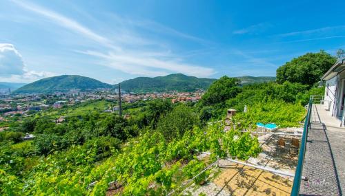 a view of a city from a hill with trees at Perfect view of Mostar - with swimming pool in Mostar