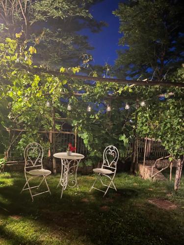 two chairs and a table in a garden at night at Agriturismo Due Comuni in San Gervasio