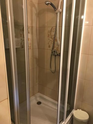 W łazience znajduje się prysznic ze szklanymi drzwiami. w obiekcie U Bartków w mieście Kościelisko