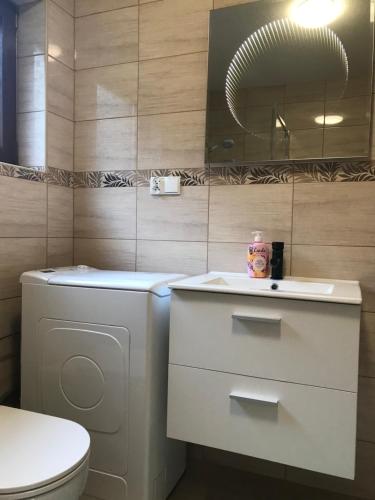 Un baño con inodoro, lavabo y espejo. en U Bartków, en Kościelisko