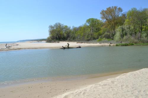 a person sitting on a log in the water on a beach at Апартамент в Oasis Beach Kamchia -THE FAVOURITE BLUE in Bliznatsi
