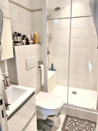 ein weißes Bad mit einem WC und einer Dusche in der Unterkunft Paca Properties -12CV- T2 Cosy in Cannes