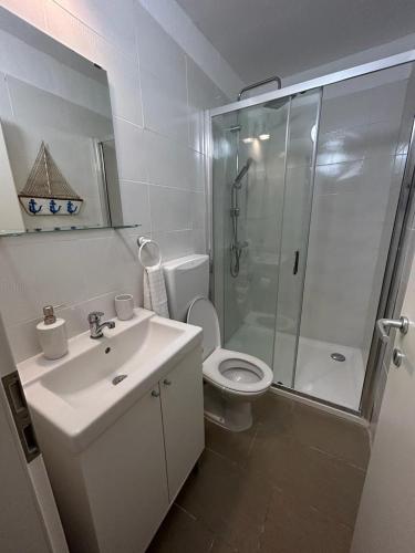 a bathroom with a toilet and a sink and a shower at Kuća za odmor Zip in Murter