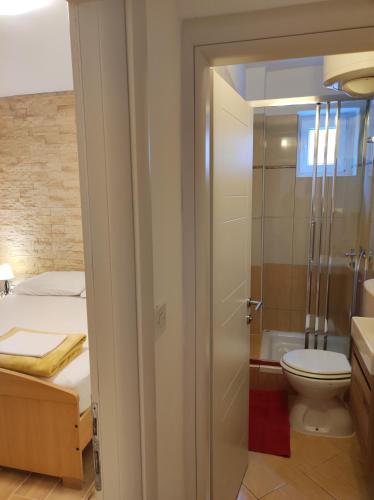 a bathroom with a shower and a toilet and a sink at Apartments Katica in Metajna
