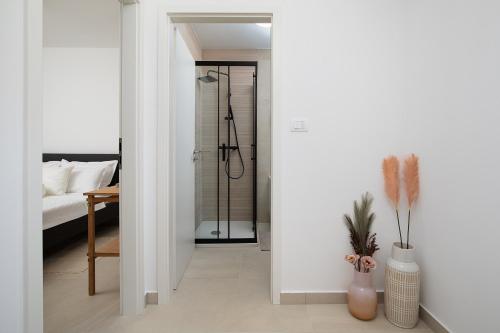 a bathroom with a walk in shower next to a bedroom at Apartments and rooms Jakić in Medulin