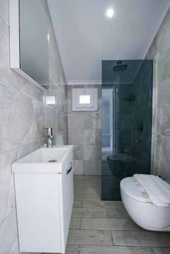 a bathroom with a toilet and a sink and a shower at Blue Pearl Hotel in Ovacik