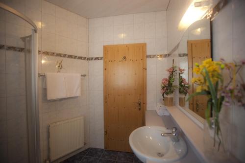 トゥクスにあるLandhaus Tuxerschaferのバスルーム(洗面台、トイレ、鏡付)