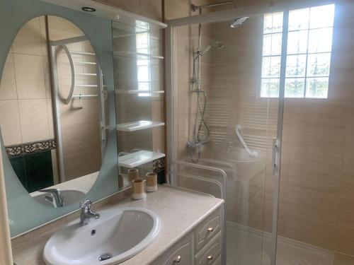 une salle de bain avec un lavabo et une douche avec un miroir dans l'établissement Villa Amandiers, à Andernos-les-Bains