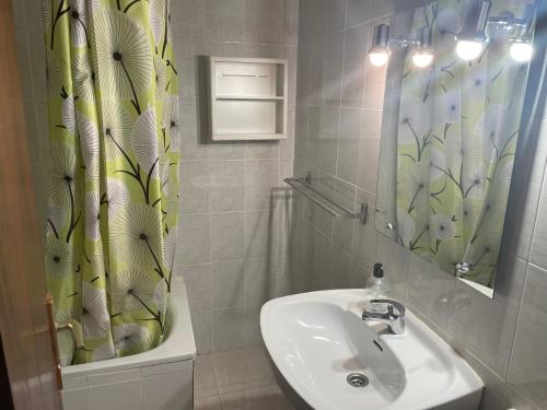 baño con lavabo y cortina de ducha en Apartamentos Tanajara, en La Restinga