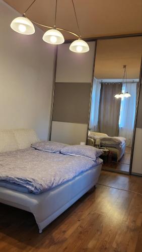 een slaapkamer met een bed en een grote spiegel bij Apartment in Kaunas center in Kaunas