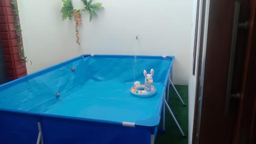 a toy rabbit is sitting on a blue trampoline at Omahomy villa di Batu - Full House in Batu
