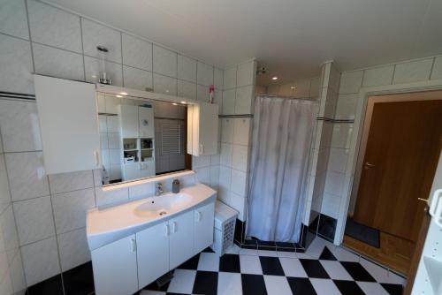 a bathroom with a sink and a mirror and a shower at HvideHus Aunslev in Nyborg