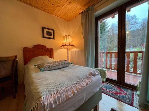 ein Schlafzimmer mit einem Bett mit einer Lampe und einem Fenster in der Unterkunft Ranczo w Rabe in Czarna