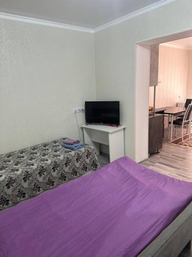 a bedroom with a bed and a desk with a tv at Pamko in Naryn