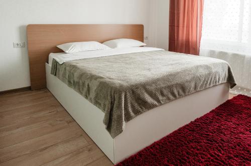 ein großes Bett in einem Schlafzimmer mit einem roten Teppich in der Unterkunft Alexander in Roman